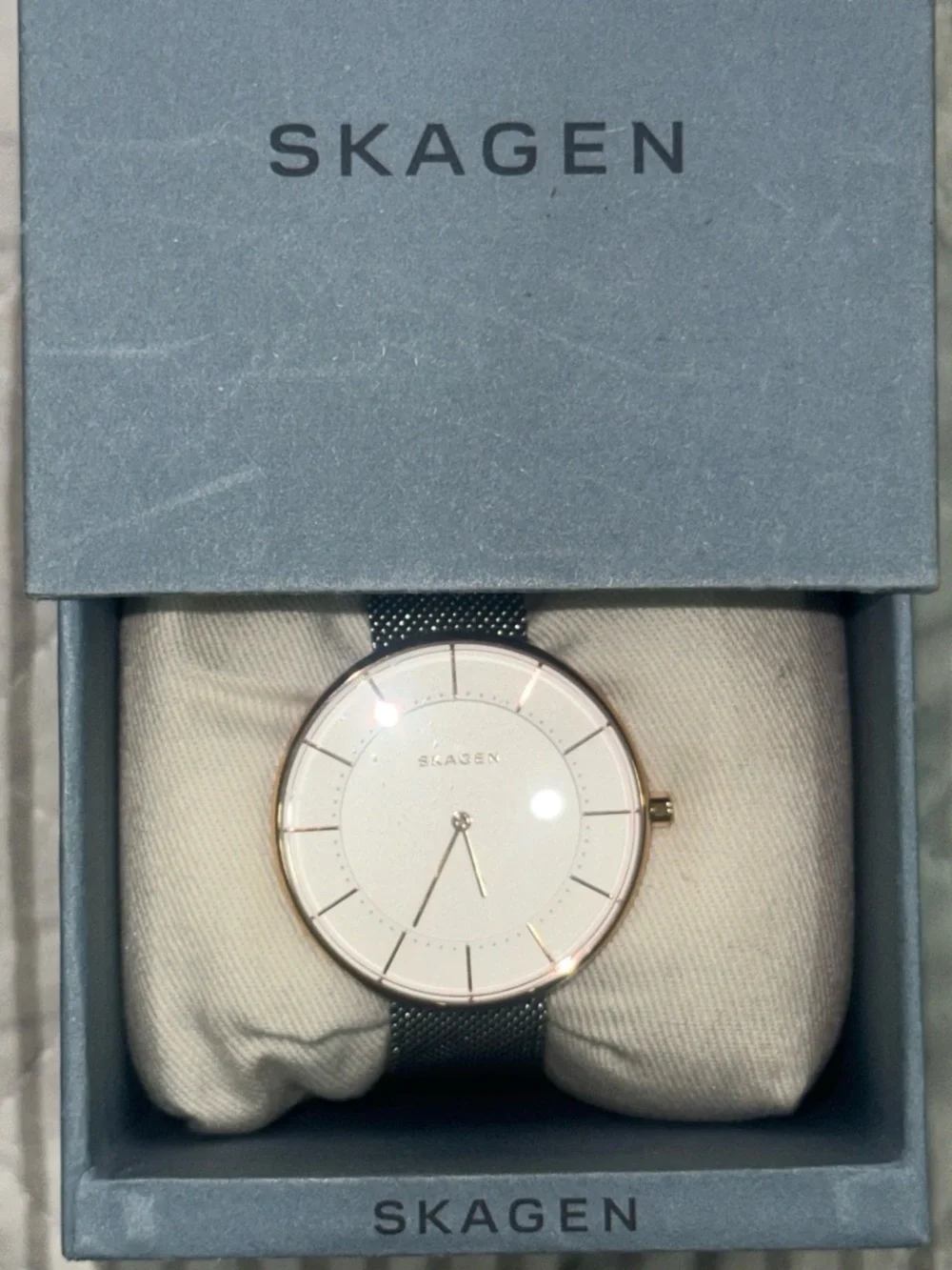 Skagen Women’s Rose Gold Case Watch with White Dial and Silver Mesh Strap